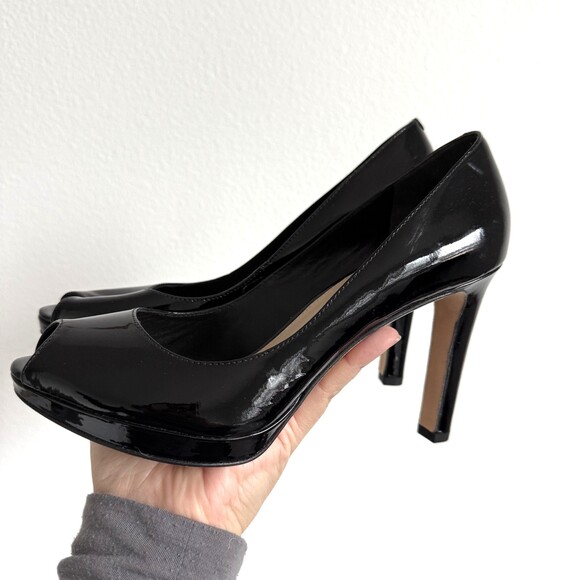 Via Spiga Shoes - Via Spiga Patent Leather Peep Toe Platform Pumps Office Siren Power Dressing 7.5